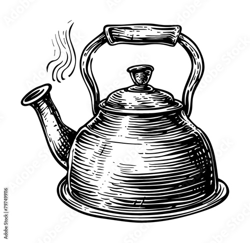 old kettle engraving black and white outline