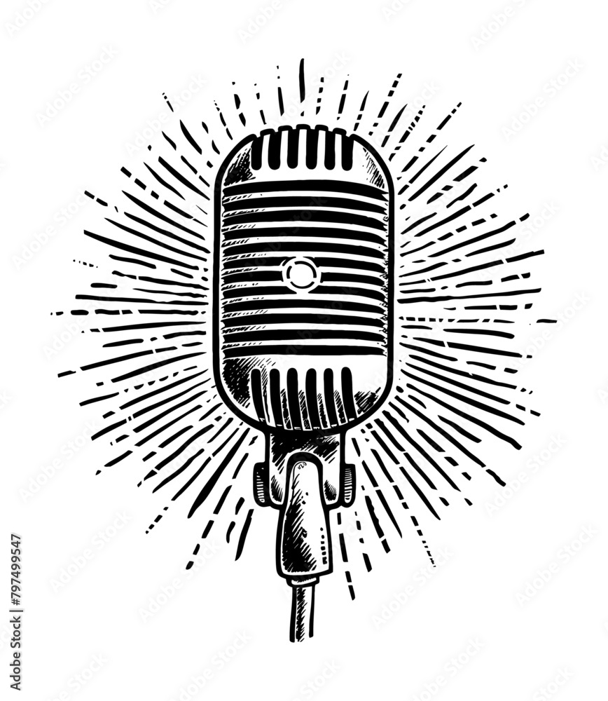 retro mic engraving black and white outline