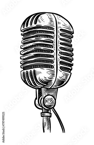 retro mic engraving black and white outline