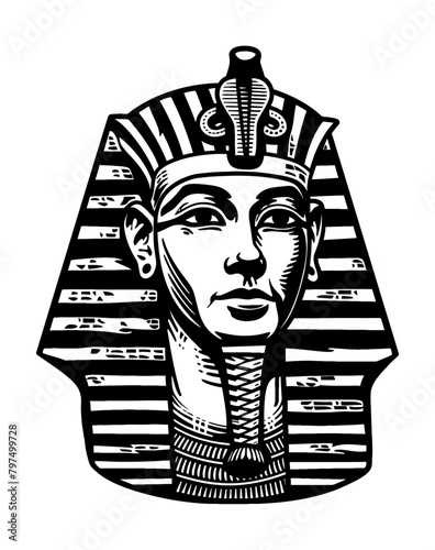 pharaoh head engraving black and white outline