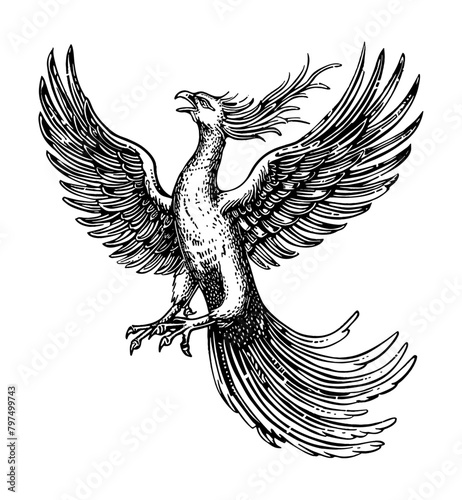 phoenix engraving black and white outline