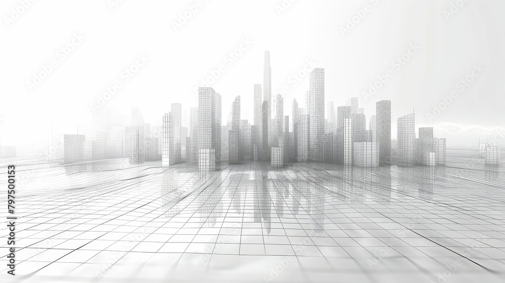 Grid Structure: A 3D vector illustration of an abstract urban landscape with intersecting grid structure