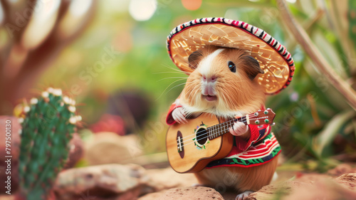 A guinea pig dressed in a mariachi outfit, complete with a tiny guitar