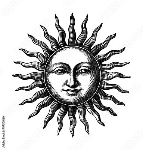 sun face engraving black and white outline