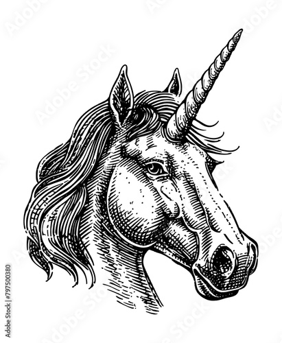 unicorn head engraving black and white outline