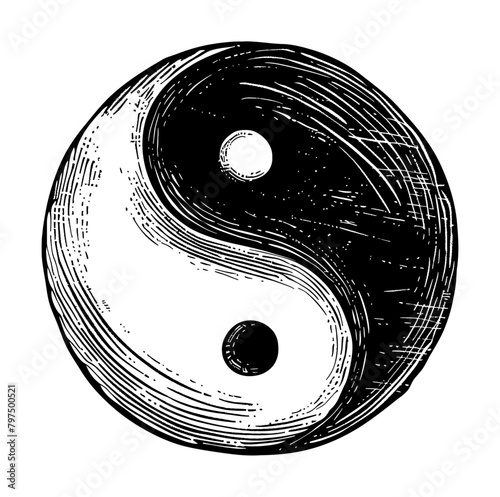 yin and yang engraving black and white outline