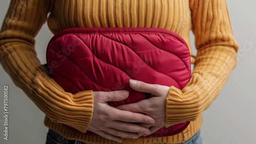 A person holding a heating pad against their stomach
