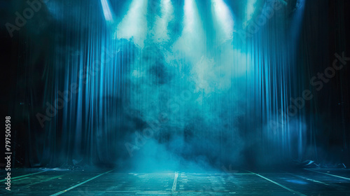 Theater stage with blue curtain, smoke and spotlights.