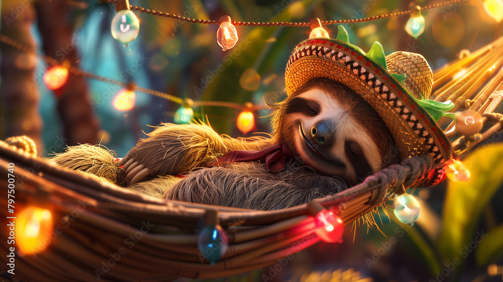 Obraz premium A photorealistic close-up of a sloth wearing a sombrero, napping in a hammock strung with realistic colorful lights