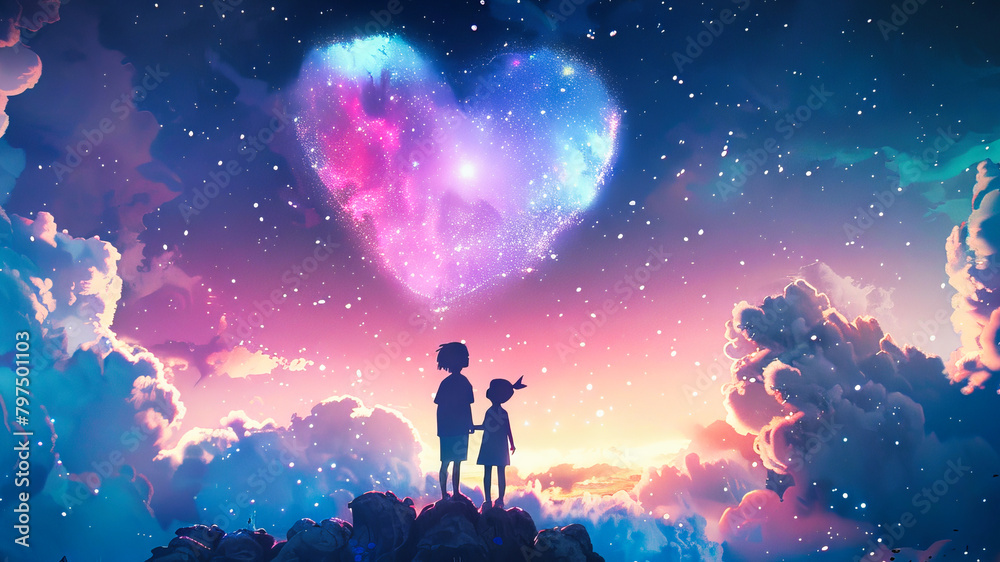 Silhouettes of two children contemplating a big heart shape on the nght sky. Universe loves us concept. Silhouettes of two children contemplating a big heart shape on the nght sky. Universe loves us concept.