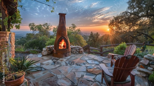 As the sun sets the chiminea continues to illuminate the outdoor area with its radiant glow. 2d flat cartoon. photo