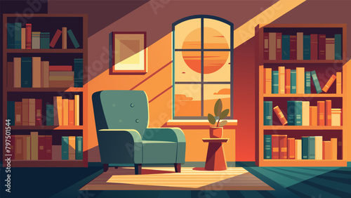 Set in a sunlit corner of the home the Mens Book Nook is an elegant and inviting space surrounded by shelves of books and a cozy armchair..