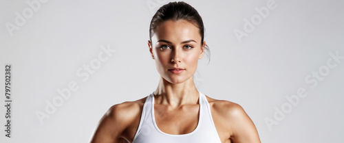 Young fit sexy woman standing isolated on a gray background. Studio portrait of a healthy muscular female.