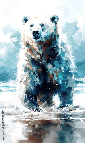 Polar bear illustration color art grunge painting. Polar bear in the water.