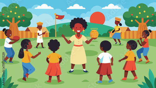 A schoolyard filled with students playing traditional games from African and American cultures while learning about the traditions and origins of. Vector illustration