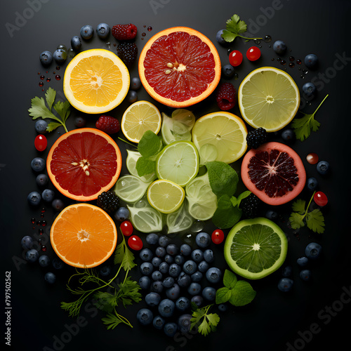 Fresh fruits and berries on black background.