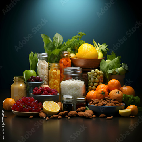 Healthy food selection with fruits and vegetables on dark blue background.