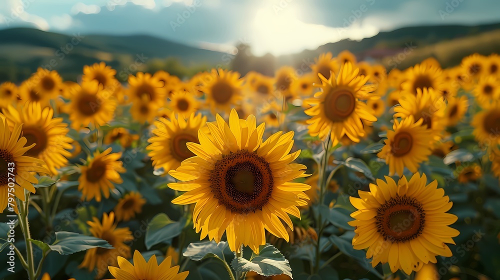 A field of yellow sunflowers, with their bright faces following the sun's path across the sky