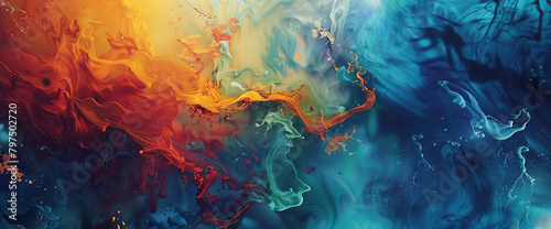Amber and cyan dance in a playful embrace, painting the canvas of existence with a vibrant symphony of liquid color in high-definition brilliance. photo