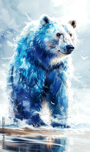 Digital painting of a polar bear in the water, illustration of a polar bear.