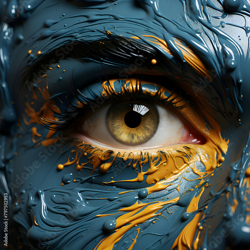 Close up of human's blue eye with paint splashes. 3D rendering