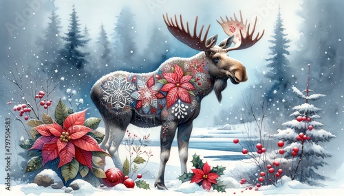 Watercolor painting of a moose in Christmas theme photo