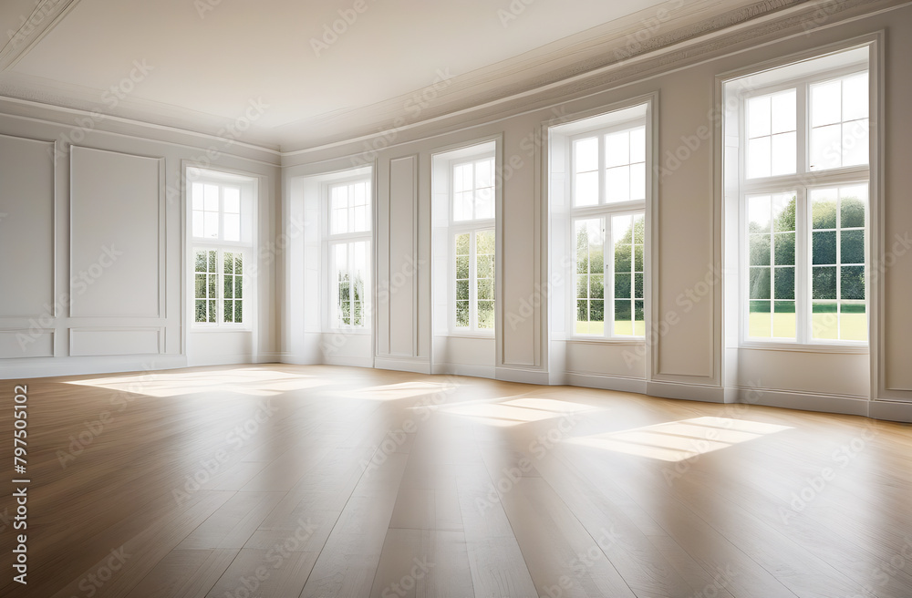 empty apartment in a classic style with white walls and large windows empty apartment in a classic style with white walls and large windows