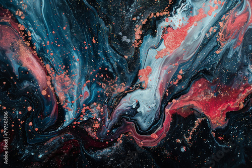 A vivid cascade of coral marble ink dances across the abstract canvas, illuminated by shimmering glitters, against a backdrop of ethereal darkness. photo