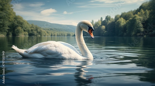 An illustration highly detailed and realistic portrait of a graceful and elegant swan gliding on a tranquil lake, AI Generative