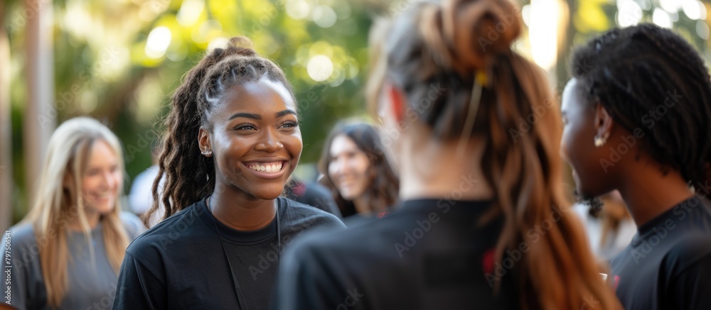 Fototapeta premium A diverse group of college students, all young women, standing next to each other at an educational event