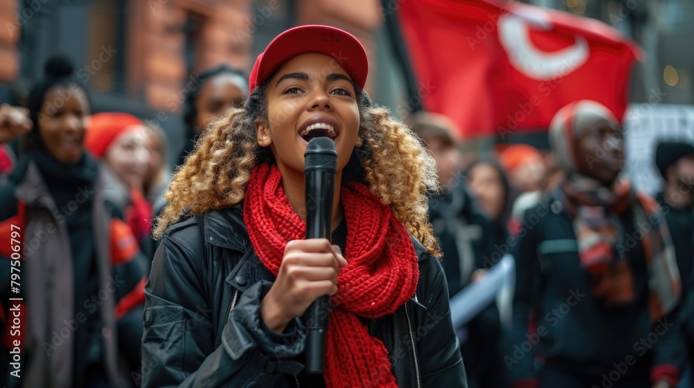 A woman stands in front of a crowd of people, holding a microphone and speaking passionately A woman stands in front of a crowd of people, holding a microphone and speaking passionately