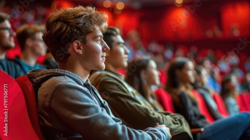 A diverse group of students sitting in an auditorium, attentively listening to a presentation during an educational conference © monvideo