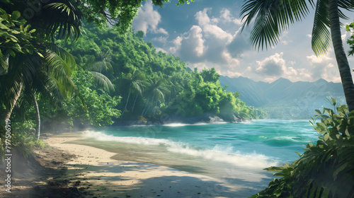 Tropical Beach Cove with Sunlit Palms and Misty Mountains