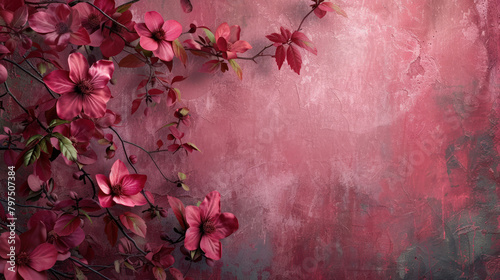 Shabby chic burgundy background with vintage minimalistic flowers, abstract velvet red vintage wallpaper, minimalistic backdrop