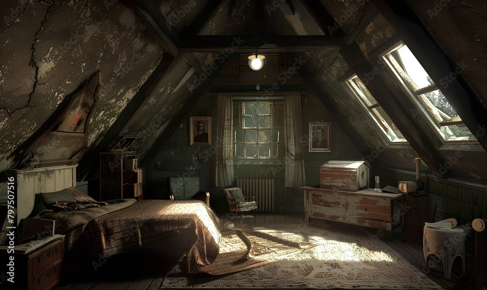 Vintage attic scene with abandoned house and eerie ambiance. 
