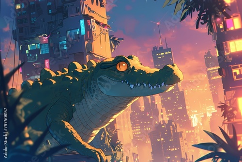 Cute cartoon crocodile with colorful city lights in the background photo