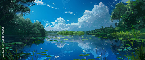 A tranquil pond mirrors the sky's cerulean embrace, a peaceful oasis amid the chaos of the world.