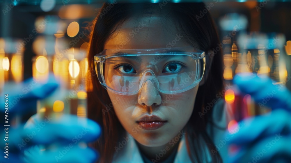 Asian researcher holding testing tubes containing potential vaccines, contributing to the global fight against infectious diseases in a lab environment. Asian researcher holding testing tubes containing potential vaccines, contributing to the global fight against infectious diseases in a lab environment.