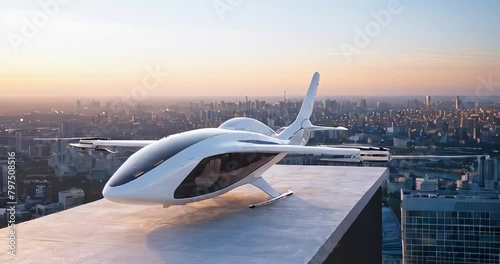 evtol futuristic passenger transport on the roof of a building overlooking the metropolis photo