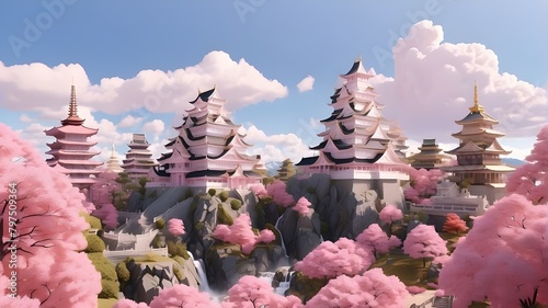 pink lotus flowersAI-generated animation of pink Japanese castles and landscapes photo