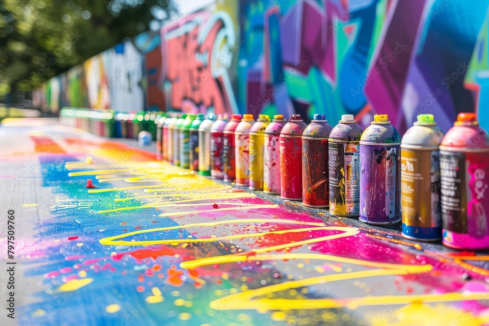 Colorful Street Art Creation in Progress, Spray Paint Cans in ...