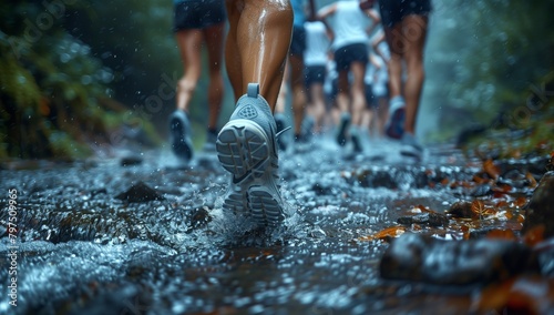 People running in muddy stream in forest during endurance sports event