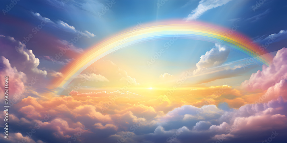 Beautiful vibrant double rainbow Cloudscape Background awesome blue sky with pretty clouds, Rainbow in the sky with clouds Generative AI
