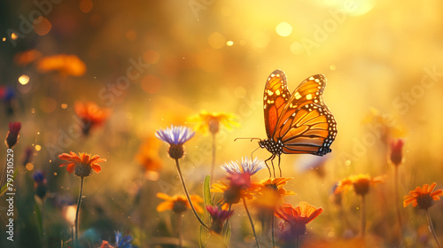 A monarch butterfly is shown in a field of flowers. The butterfly is orange and black, with a wingspan of about 4 inches. The flowers are mostly yellow and white, with some pink and purple flowers as  © Muzamil