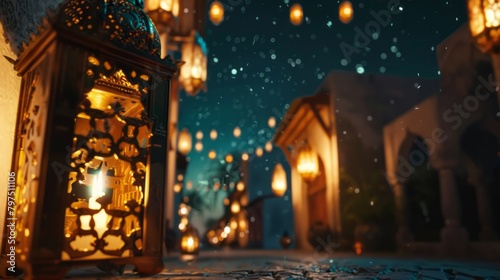 Eid mubarak and ramadan kareem greetings with islamic lantern © yuchen