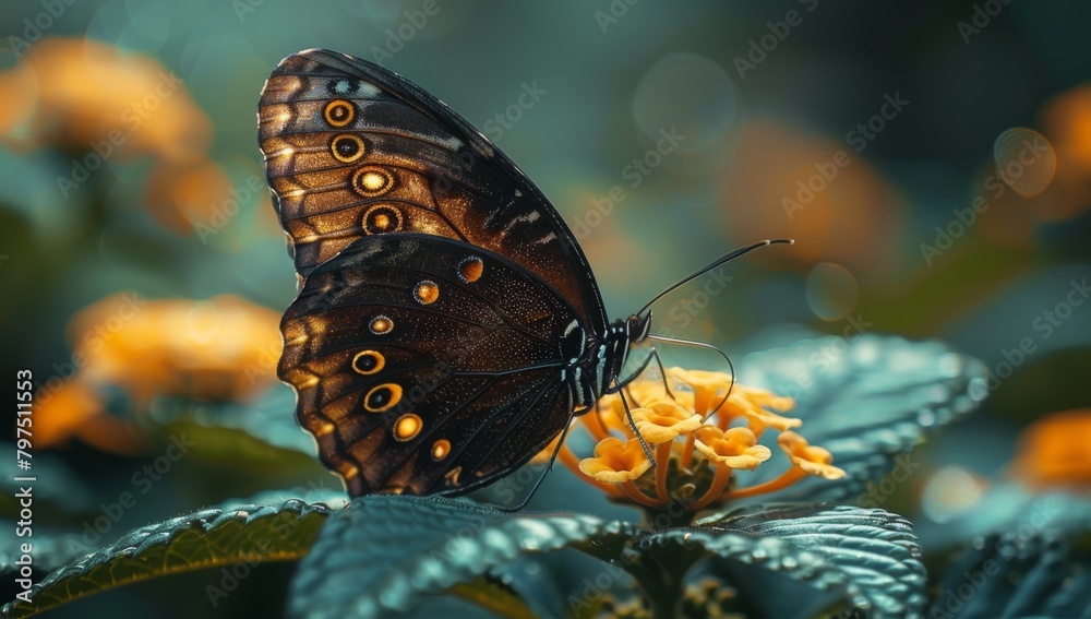 Obraz premium Golden hour butterflies under macro lens, natural light, wild, gathered around, 4k wallpaper,, high resolution, high quality, photography, photo shoot, National Geographic, biology research, discovery