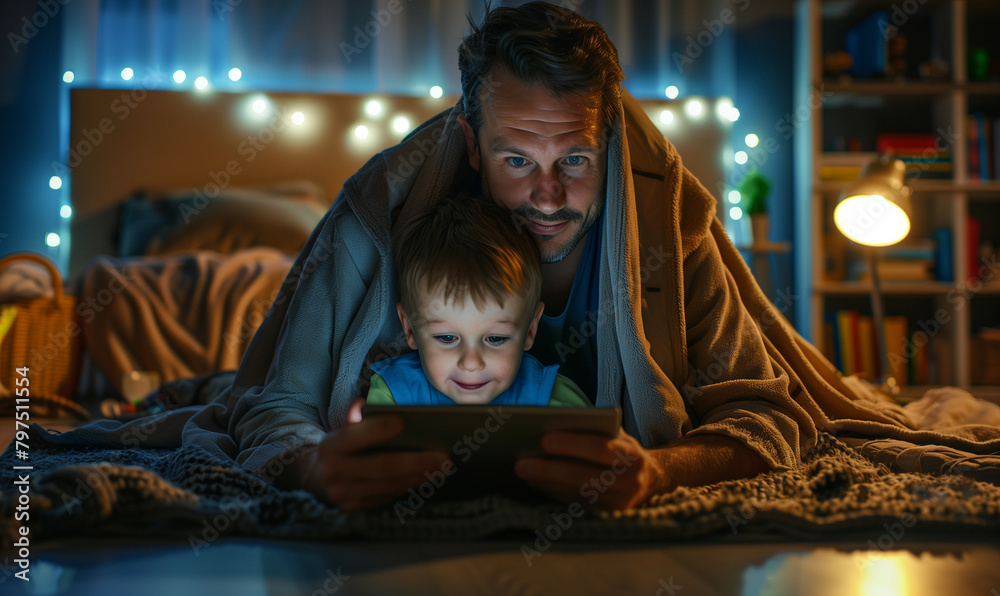 The image shows a father and son lying under a blanket in a children's room, watching cartoons on a tablet together. Father explains to his son the rules of using technology.