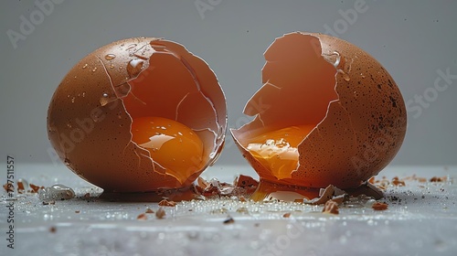 A broken brown egg on a white surface photo