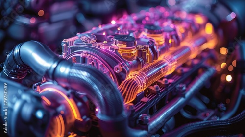 A close up of a glowing purple and orange car engine.