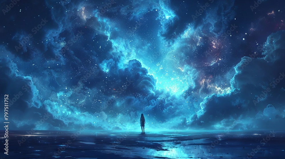 A girl standing alone in a vast field of stars and a blue sky